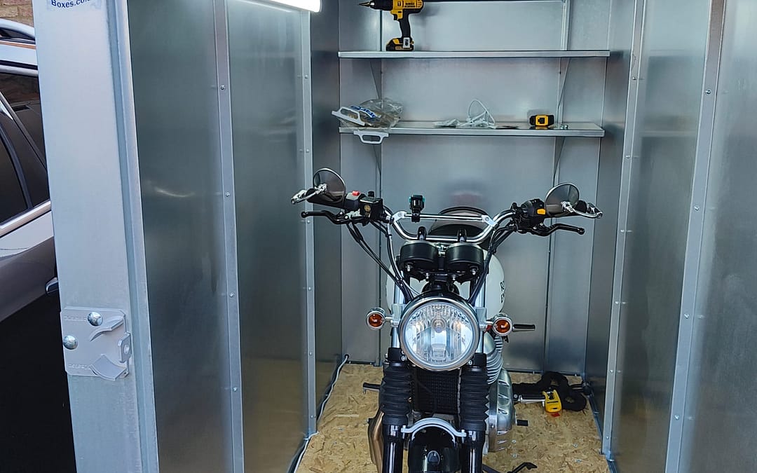 Royal Enfield Interceptor 650 in an armadilloboxes sucure motorcycle shed