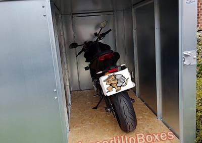 Ducati Monster 937 ArmadilloBoxes secure motorcycle shed