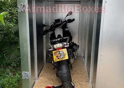 BMW GS 1250 IN A ArmadilloBoxes secure motorcycle Shed