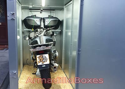 BMW K1200RT in a Armadilloboxes secure motorcycle shed