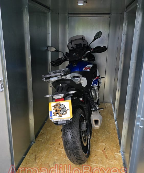 BMW S 1000 XR in a ArmadilloBoxes secure motorcycle shed