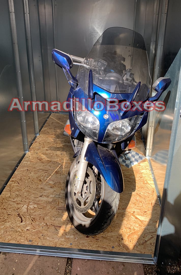 Yamaha FJR1300 stored inside an ArmadilloBoxes secure outdoor motorcycle storage unit