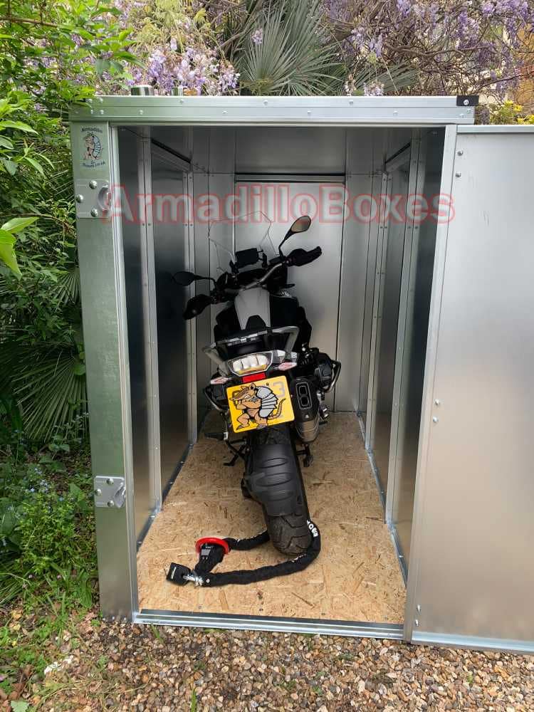BMW 1250 in an ArmadilloBoxes secure motorcycle shed BRent, MW 1250GSA Fatboy slim ArmadilloBoxes secure shed