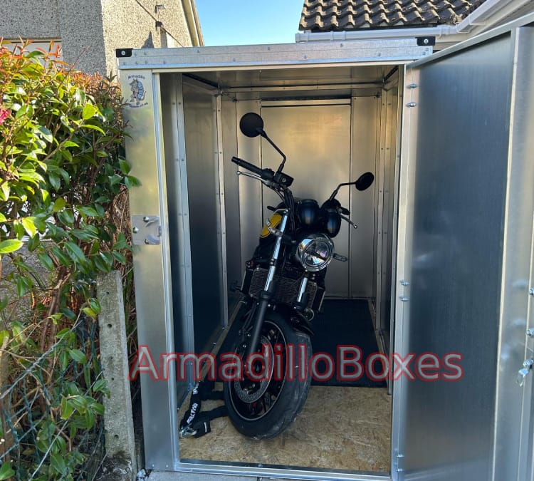 Kawasaki z650 in a ArmadilloBoxes 1100mm wide secure motorcycle shed