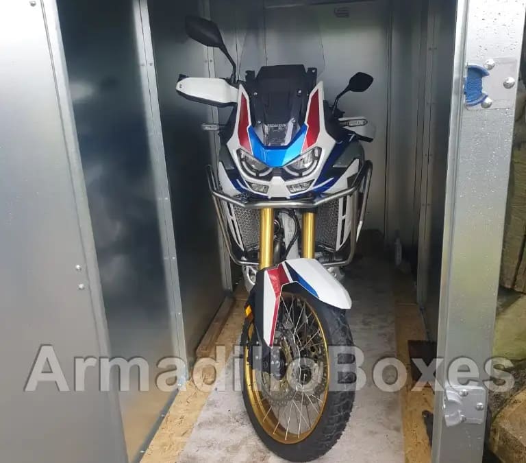 Honda Africa Twin Standard 1200mm wide extra wide door ArmadilloBoxes Secure motorcycle shed
