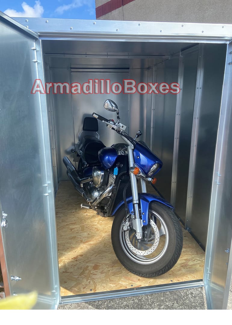 Suzuki Intruder in an ArmadilloBoxes secure motorcycle shed Suzuki Intruder in an ArmadilloBoxes secure motorcycle shed