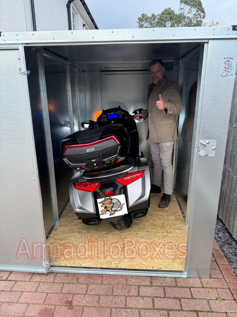 Honda Goldwing in a Fatboy ArmadilloBoxes secure motorcycle shed