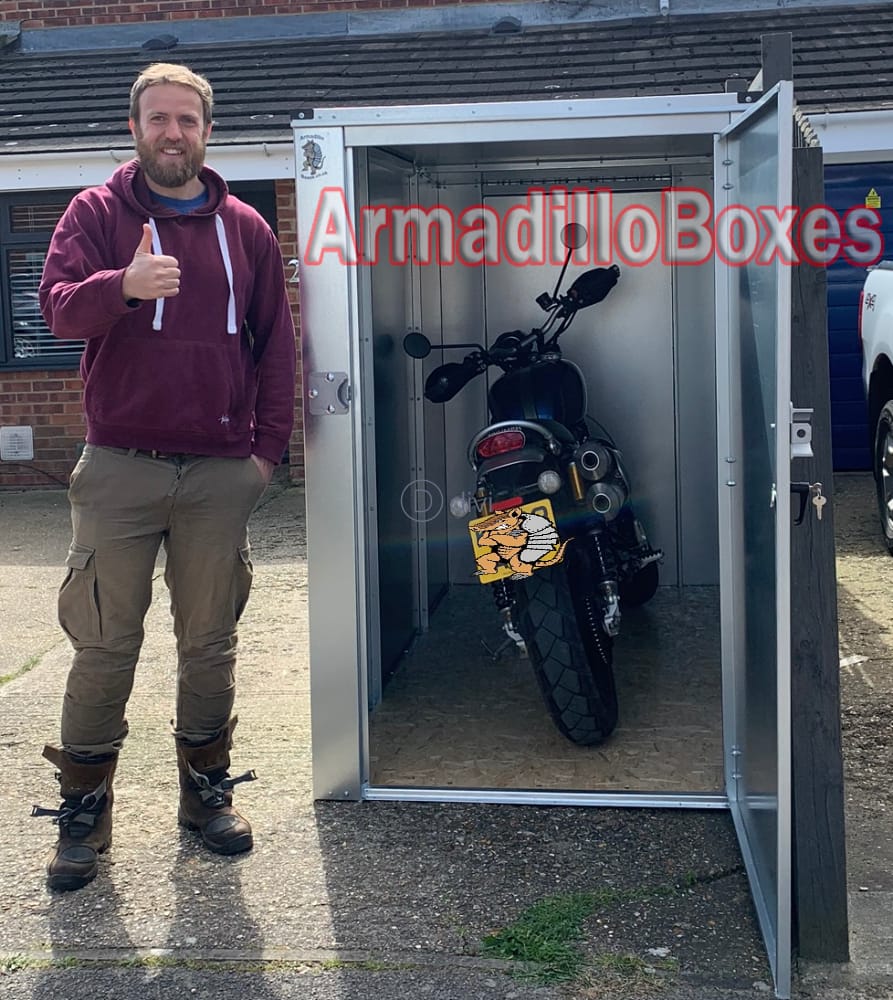 Triumph Scrambler ArmadilloBoxes 1200mm extra wide door secure motorcycle shed