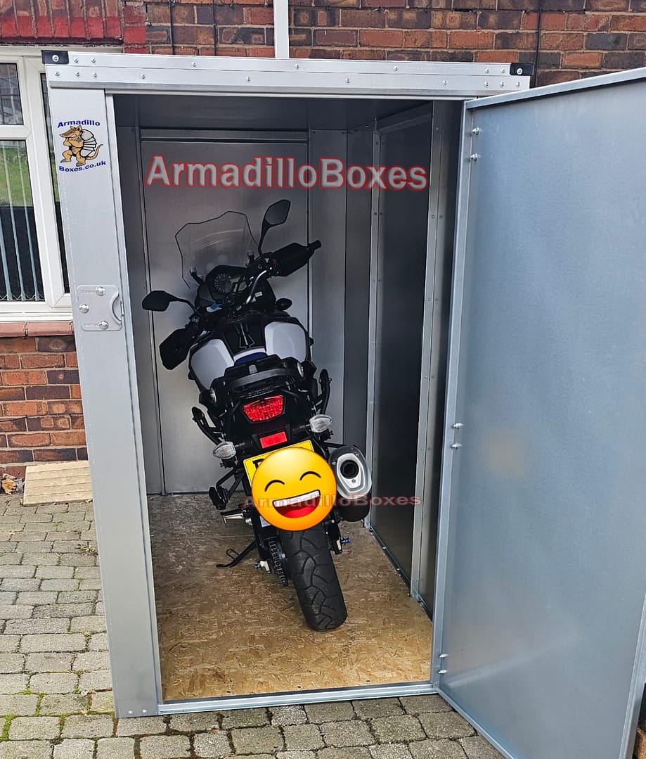Suzuki Vistrom in an ArmadilloBoxes secure motorbike shed