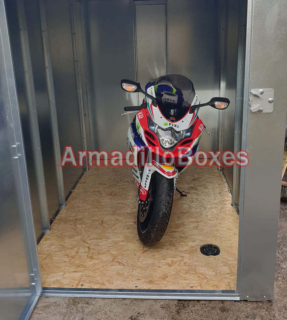 Suzuki GSX-R1000 secure outdoor motorcycle storage Suzuki GSX-R1000 stored inside an ArmadilloBoxes secure outdoor motorcycle storage unit
