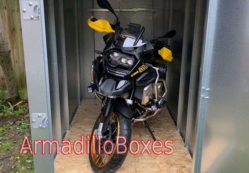 BMW R1250GSA ArmadilloBoxes secure motorcycle shed Fatboy Slim