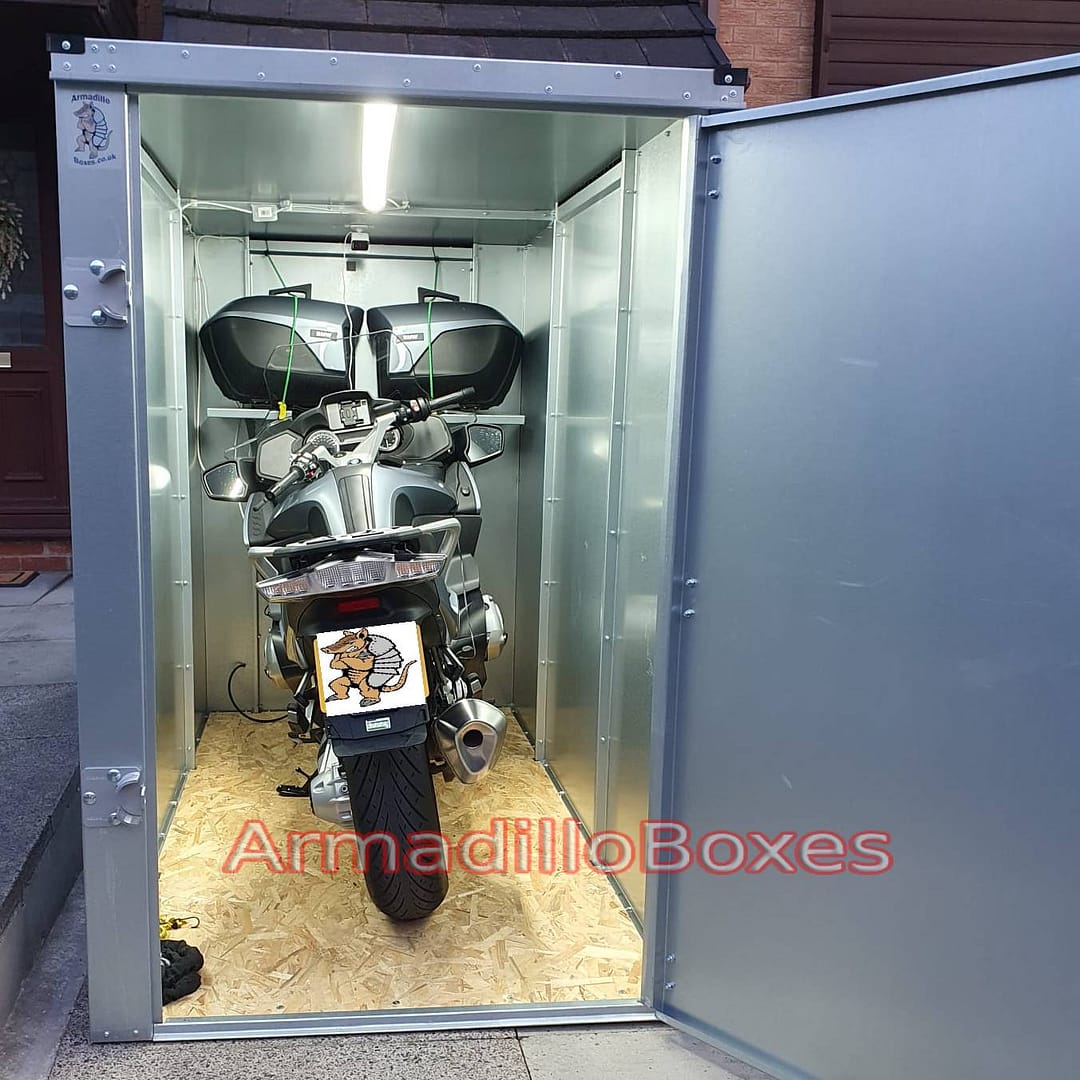 BMW K1200RT in a Armadilloboxes secure motorcycle shed - ArmadilloBoxes