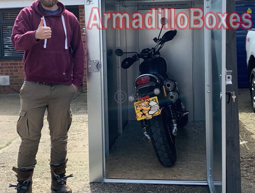 Triumph Scrambler ArmadilloBoxes 1200mm extra wide door secure motorcycle shed