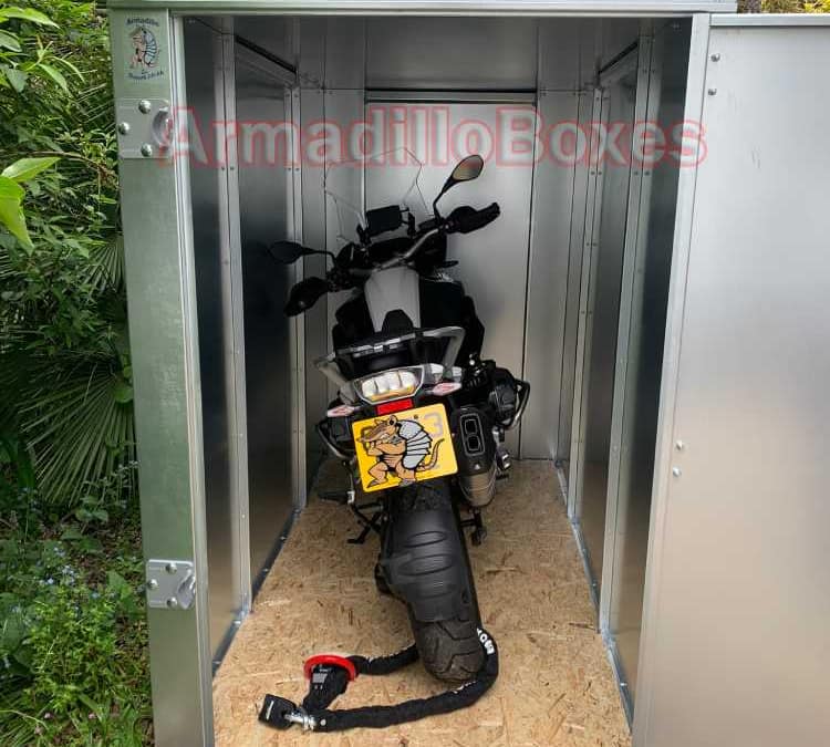 BMW GS 1250 IN A ArmadilloBoxes secure motorcycle Shed
