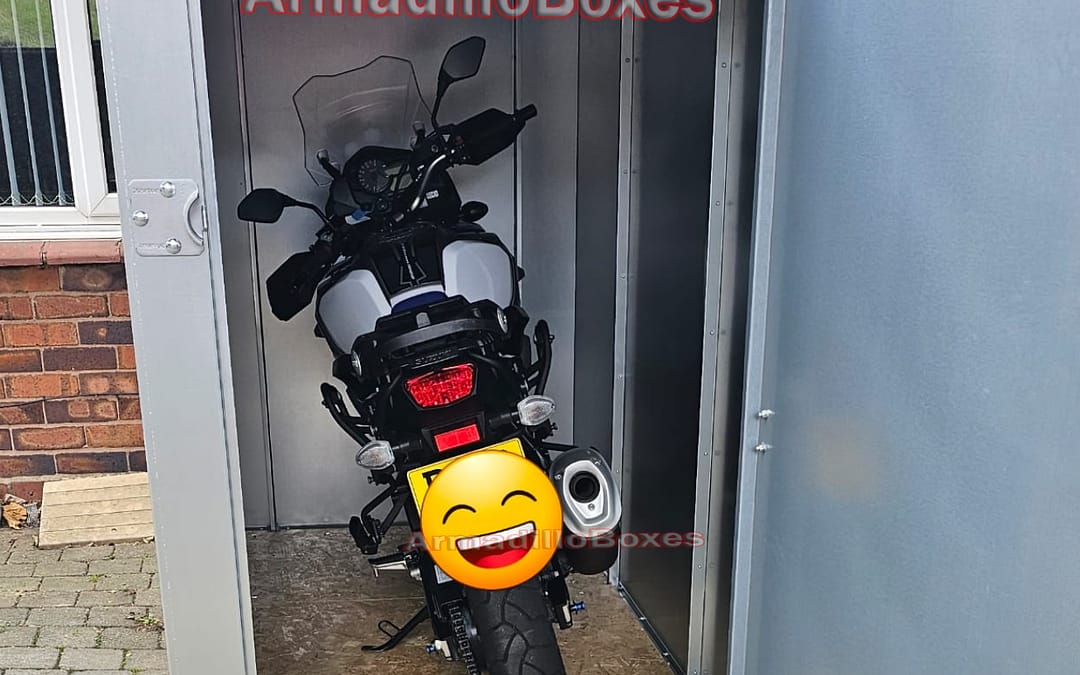 Suzuki Vstrom in an ArmadilloBoxes secure motorcycle shed