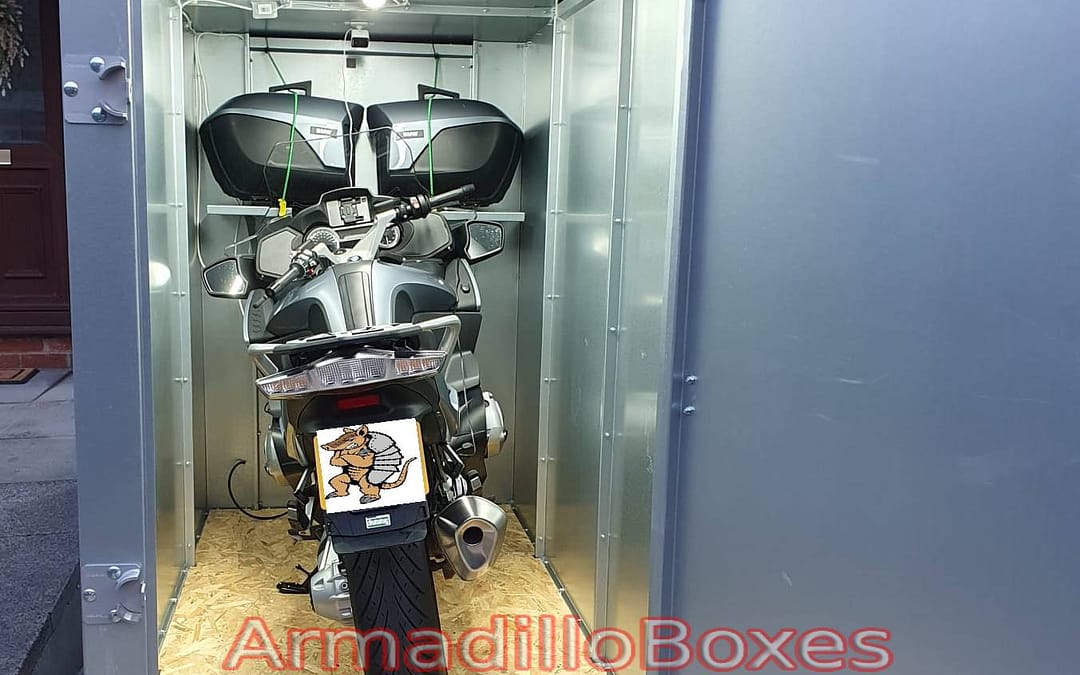 BMW K1200RT in a Armadilloboxes secure motorcycle shed