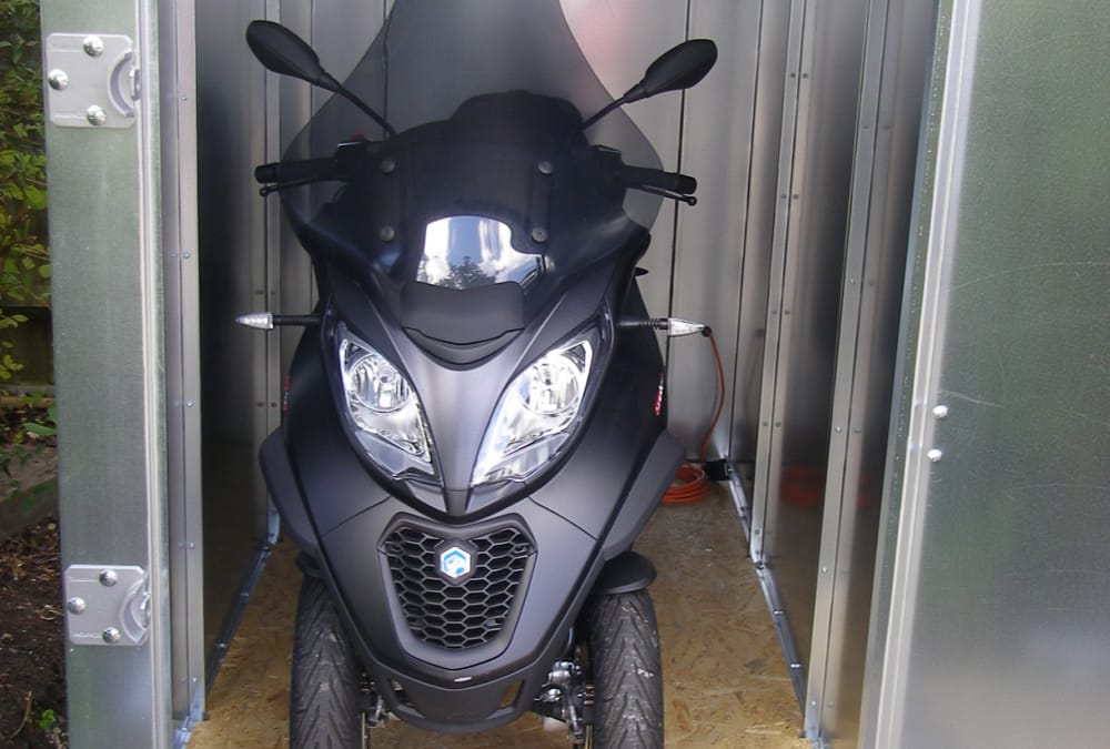 Piaggio MP3 ArmadilloBoxes secure motorcycle shed