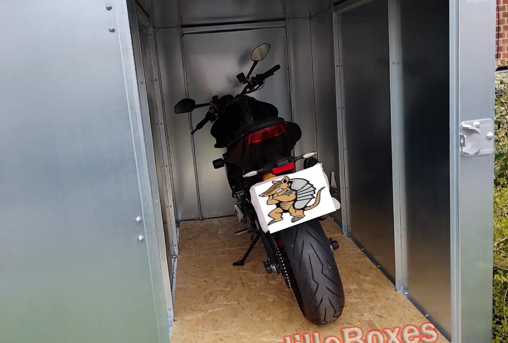 Ducati Monster 937 ArmadilloBoxes secure motorcycle shed