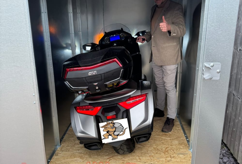 Honda Goldwing in a Fatboy ArmadilloBoxes secure motorcycle shed
