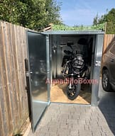 BMW R 1250 GS Adventure in a Armadilloboxes Fatboy slim Secure Motorcycle Shed