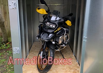 BMW R1250GSA ArmadilloBoxes secure motorcycle shed Fatboy Slim