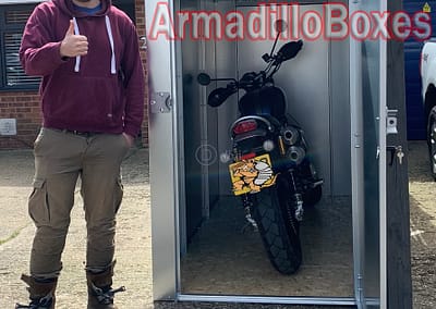 Triumph Scrambler ArmadilloBoxes 1200mm extra wide door secure motorcycle shed