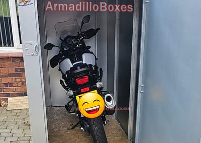 Suzuki Vstrom in an ArmadilloBoxes secure motorcycle shed