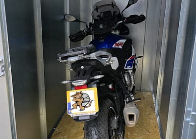 BMW S 1000 XR in a ArmadilloBoxes secure motorcycle shed