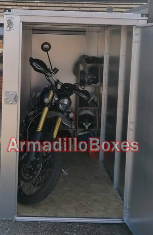 Ducati Scrambler ArmadilloBoxes 1200mm extra wide door secure motorcycle shed