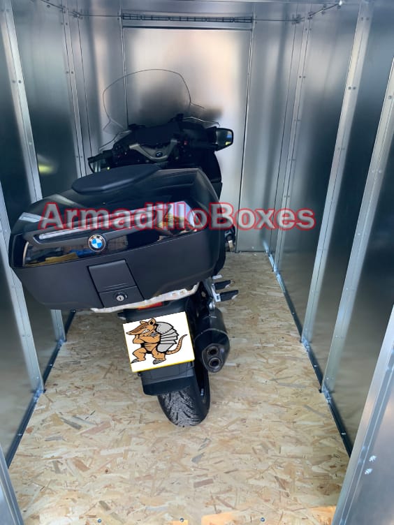BMW R1250RT in an ArmadilloBoxes Shed